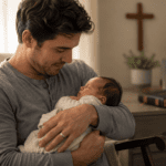Papá primerizo cristiano sosteniendo a su bebé recién nacido con ternura en casa