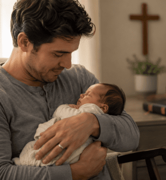 Papá primerizo cristiano sosteniendo a su bebé recién nacido con ternura en casa
