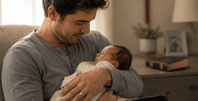Papá primerizo cristiano sosteniendo a su bebé recién nacido con ternura en casa