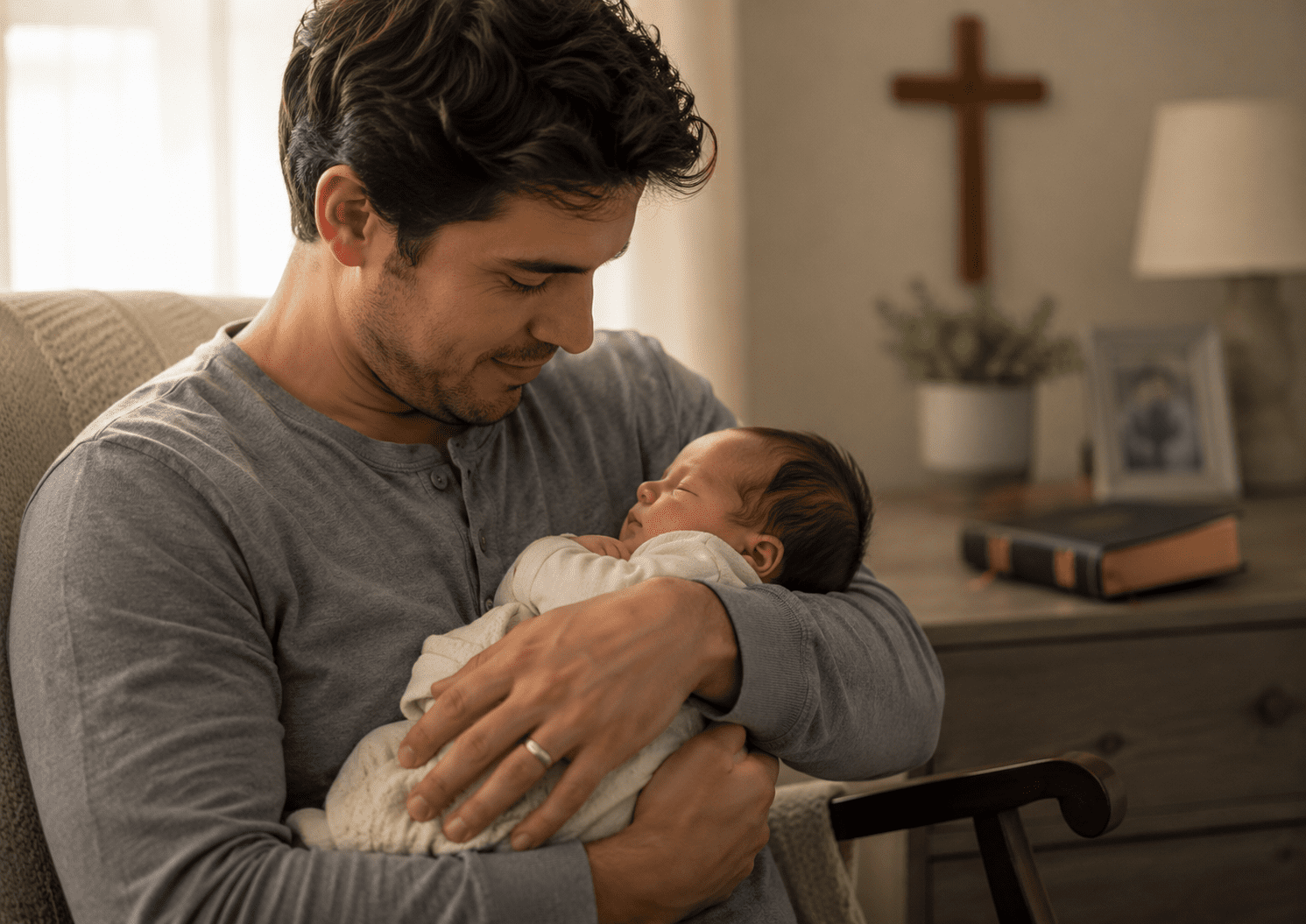 Papá primerizo cristiano sosteniendo a su bebé recién nacido con ternura en casa