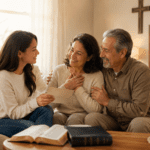 Familia cristiana comparte una carta de gratitud para papá y mamá en un hogar cálido con Biblia abierta.