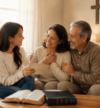 Familia cristiana comparte una carta de gratitud para papá y mamá en un hogar cálido con Biblia abierta.