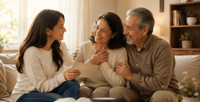 Familia cristiana comparte una carta de gratitud para papá y mamá en un hogar cálido con Biblia abierta.