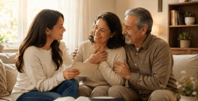 Familia cristiana comparte una carta de gratitud para papá y mamá en un hogar cálido con Biblia abierta.