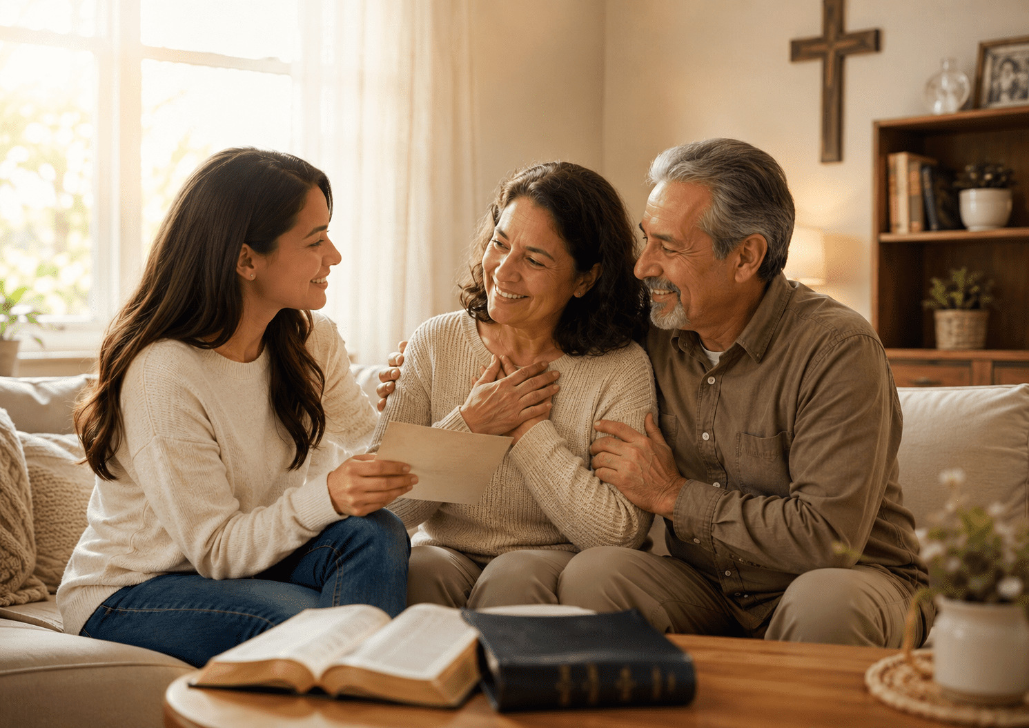 Familia cristiana comparte una carta de gratitud para papá y mamá en un hogar cálido con Biblia abierta.