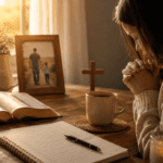 Mujer ora por su papá junto a una Biblia abierta, una cruz y una foto familiar en un ambiente cálido de fe.