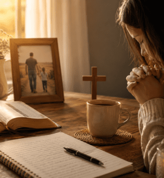 Mujer ora por su papá junto a una Biblia abierta, una cruz y una foto familiar en un ambiente cálido de fe.