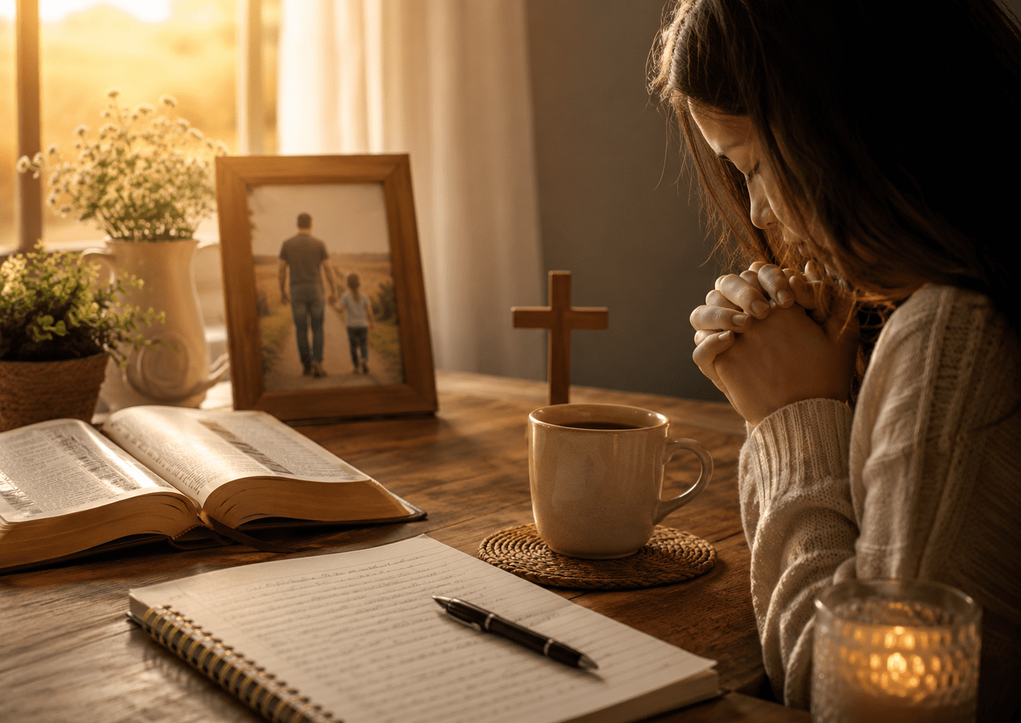 Mujer ora por su papá junto a una Biblia abierta, una cruz y una foto familiar en un ambiente cálido de fe.