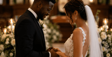 Pareja interracial de novios tomados de las manos durante una boda romántica, en un ambiente cálido con flores y velas.