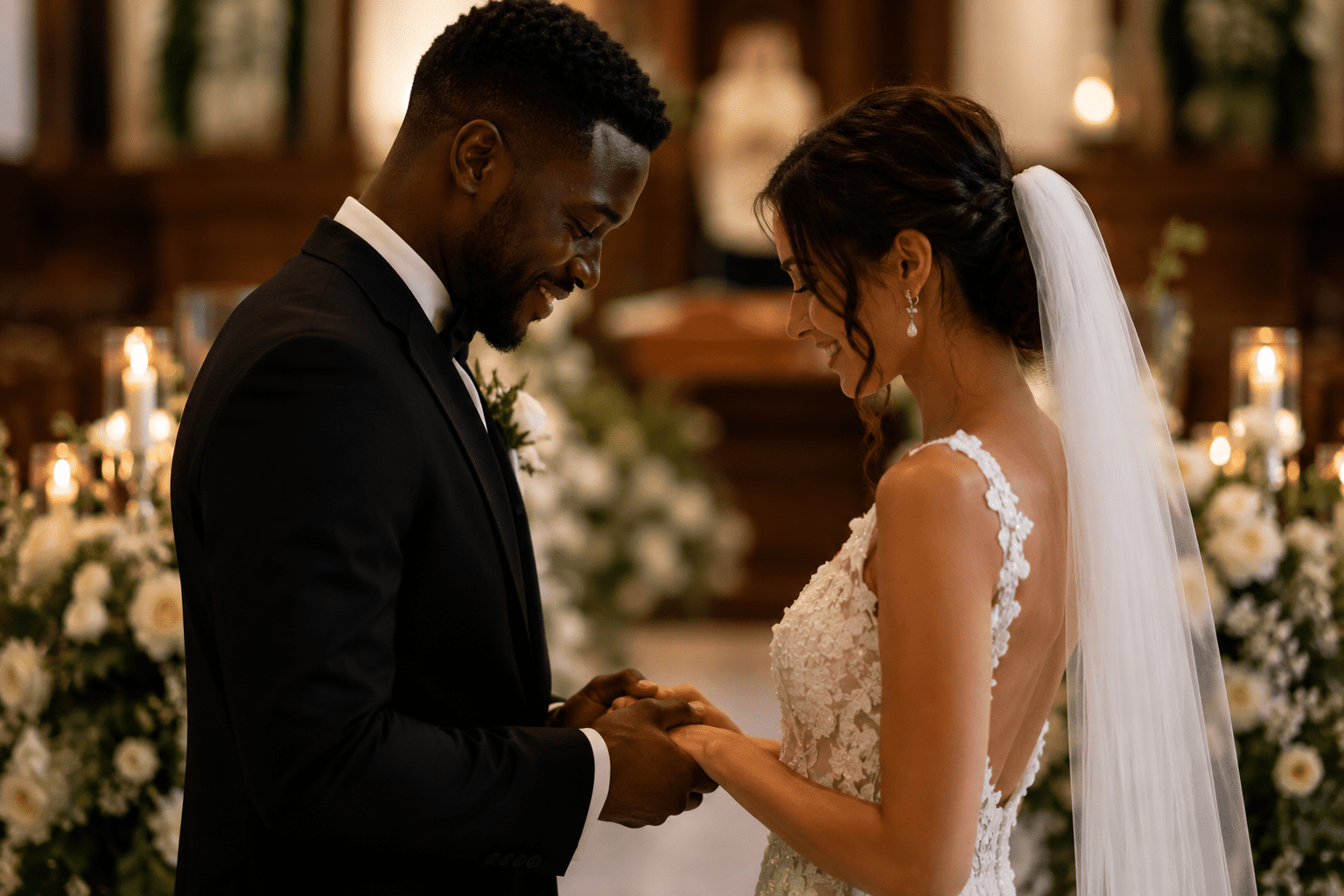 Pareja interracial de novios tomados de las manos durante una boda romántica, en un ambiente cálido con flores y velas.