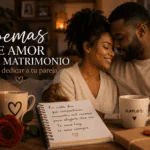 Pareja abrazada en casa con ambiente romántico, velas y carta de amor, representando poemas de amor para matrimonio.