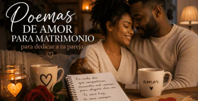 Pareja abrazada en casa con ambiente romántico, velas y carta de amor, representando poemas de amor para matrimonio.