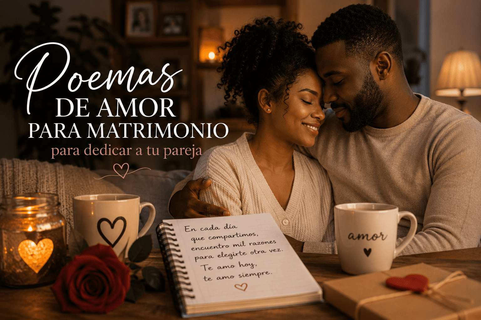 Pareja abrazada en casa con ambiente romántico, velas y carta de amor, representando poemas de amor para matrimonio.