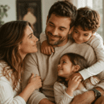 Esposa mirando con amor a su esposo mientras sus hijos lo abrazan en casa por el Día del Padre