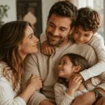 Esposa mirando con amor a su esposo mientras sus hijos lo abrazan en casa por el Día del Padre