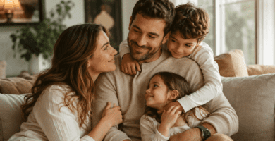 Esposa mirando con amor a su esposo mientras sus hijos lo abrazan en casa por el Día del Padre