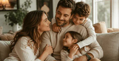 Esposa mirando con amor a su esposo mientras sus hijos lo abrazan en casa por el Día del Padre