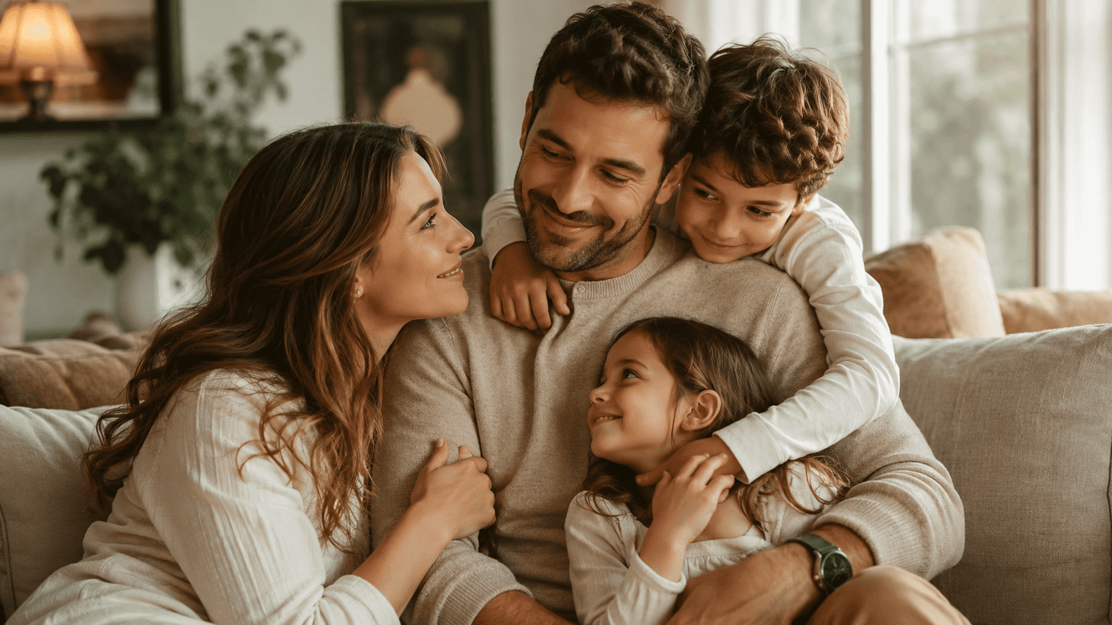 Esposa mirando con amor a su esposo mientras sus hijos lo abrazan en casa por el Día del Padre