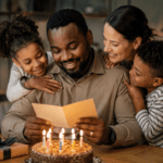 Papá afrodescendiente leyendo una tarjeta de cumpleaños junto a su familia y un pastel con velas