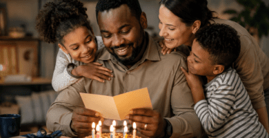 Papá afrodescendiente leyendo una tarjeta de cumpleaños junto a su familia y un pastel con velas