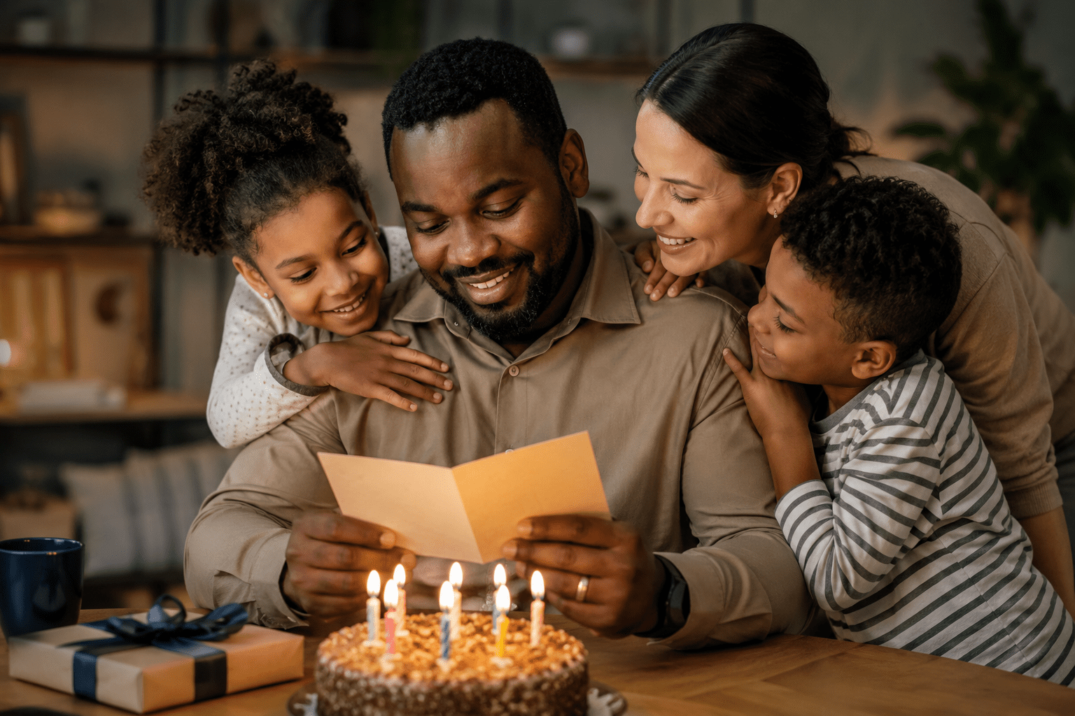 Papá afrodescendiente leyendo una tarjeta de cumpleaños junto a su familia y un pastel con velas