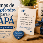 Tarjeta de cumpleaños para papá con regalo, taza y detalles cálidos para acompañar poemas cortos y bonitos.