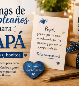 Tarjeta de cumpleaños para papá con regalo, taza y detalles cálidos para acompañar poemas cortos y bonitos.