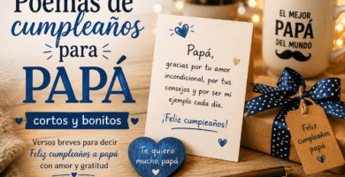 Tarjeta de cumpleaños para papá con regalo, taza y detalles cálidos para acompañar poemas cortos y bonitos.
