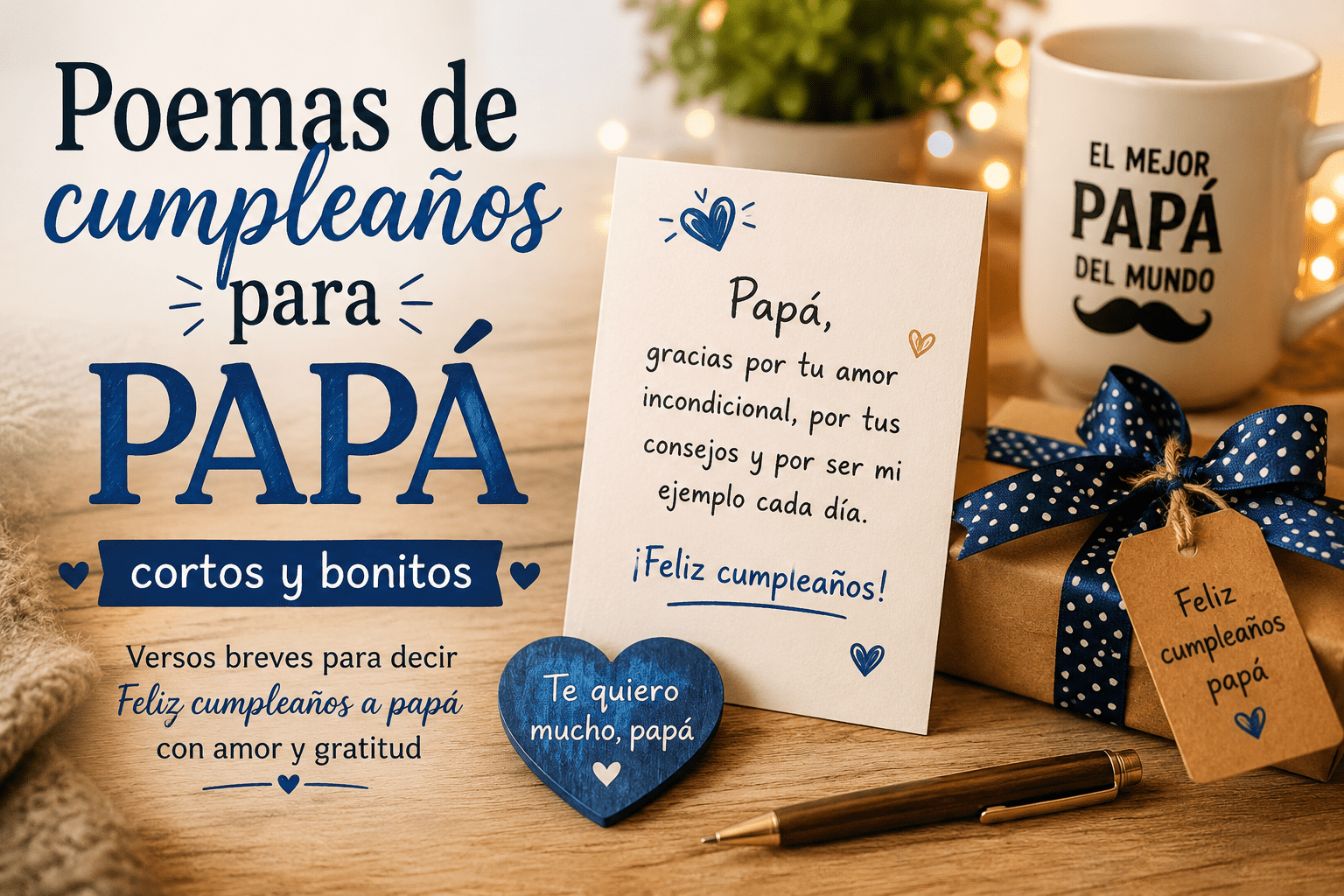 Tarjeta de cumpleaños para papá con regalo, taza y detalles cálidos para acompañar poemas cortos y bonitos.