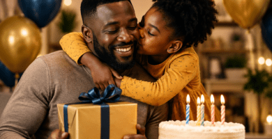 Padre afrodescendiente celebrando su cumpleaños mientras recibe un beso y un regalo de su hija