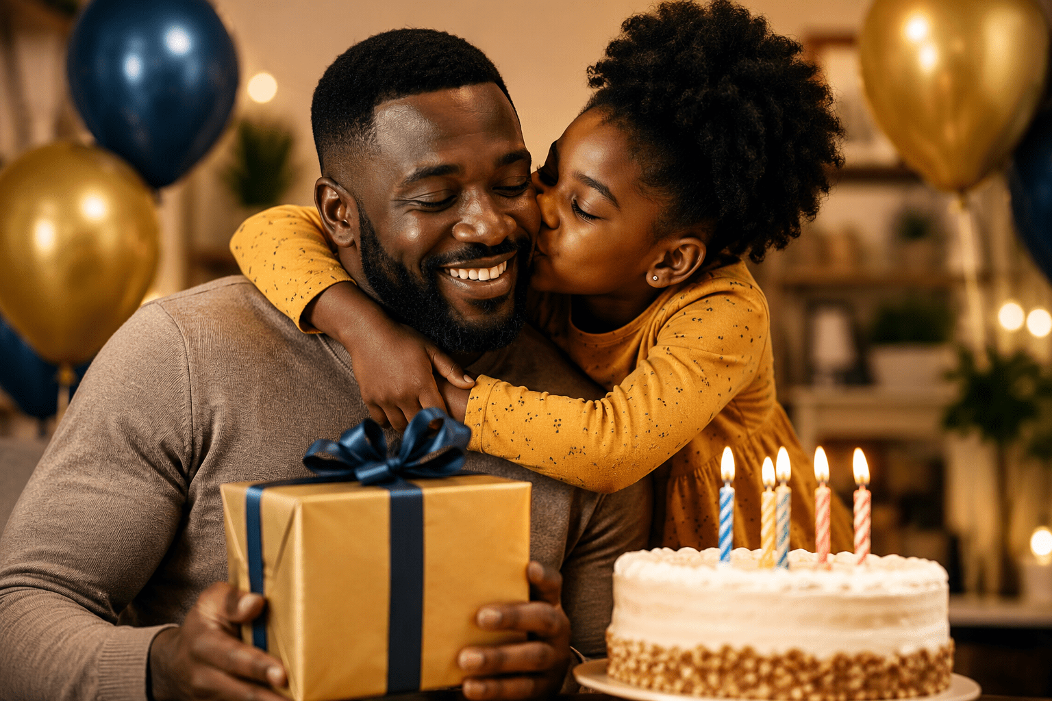Padre afrodescendiente celebrando su cumpleaños mientras recibe un beso y un regalo de su hija