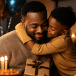 Padre afrodescendiente recibiendo un abrazo de su hijo durante la celebración de su cumpleaños