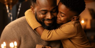 Padre afrodescendiente recibiendo un abrazo de su hijo durante la celebración de su cumpleaños