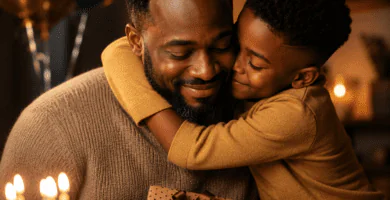 Padre afrodescendiente recibiendo un abrazo de su hijo durante la celebración de su cumpleaños