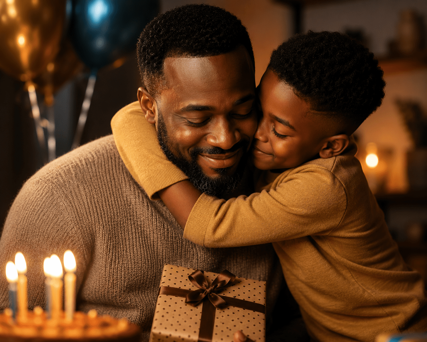 Padre afrodescendiente recibiendo un abrazo de su hijo durante la celebración de su cumpleaños