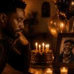 Hombre afrodescendiente recordando a su papá fallecido en su cumpleaños frente a una fotografía, velas y pastel