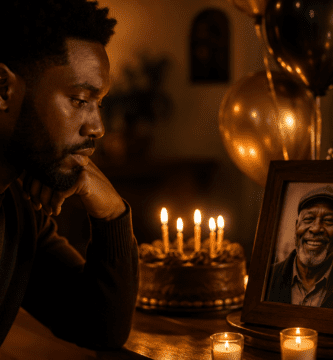 Hombre afrodescendiente recordando a su papá fallecido en su cumpleaños frente a una fotografía, velas y pastel