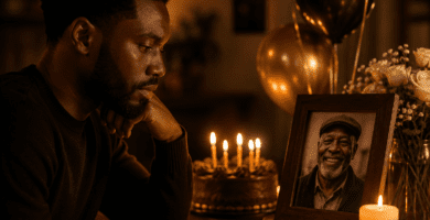 Hombre afrodescendiente recordando a su papá fallecido en su cumpleaños frente a una fotografía, velas y pastel
