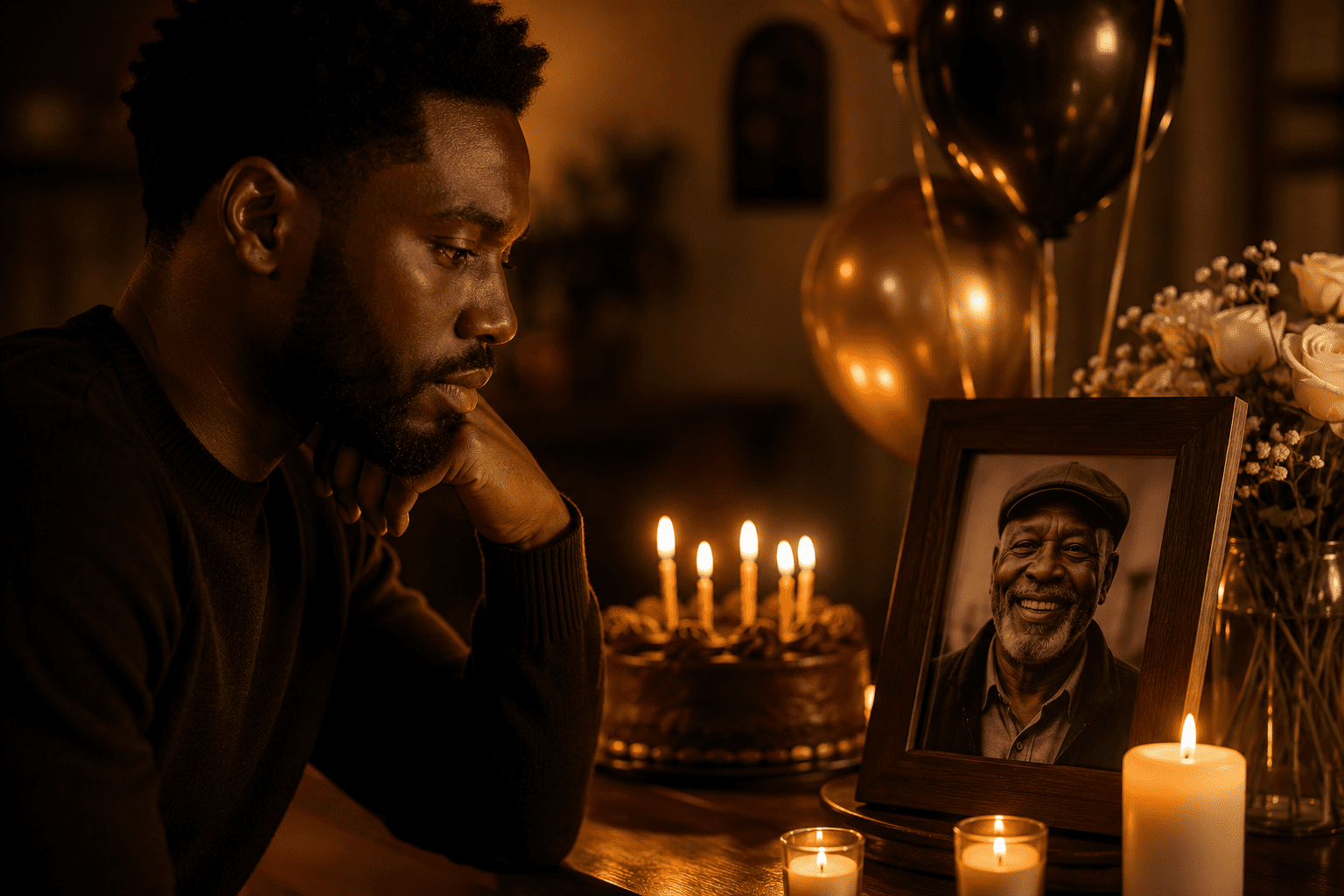 Hombre afrodescendiente recordando a su papá fallecido en su cumpleaños frente a una fotografía, velas y pastel