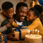Papá afrodescendiente trabajador celebrando su cumpleaños con sus hijos, pastel, regalos y globos