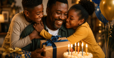 Papá afrodescendiente trabajador celebrando su cumpleaños con sus hijos, pastel, regalos y globos
