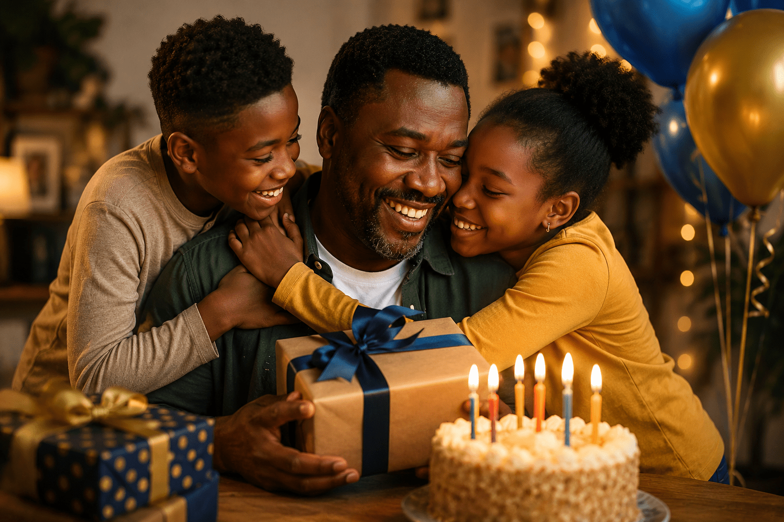 Papá afrodescendiente trabajador celebrando su cumpleaños con sus hijos, pastel, regalos y globos
