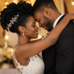 Pareja de novios abrazándose con ternura en una boda, imagen romántica para poemas cortos de matrimonio.