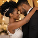 Pareja de novios abrazándose con ternura en una boda, imagen romántica para poemas cortos de matrimonio.