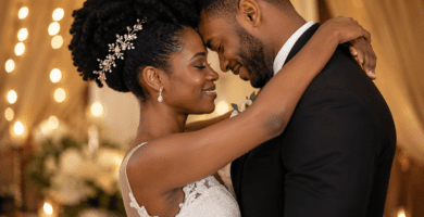 Pareja de novios abrazándose con ternura en una boda, imagen romántica para poemas cortos de matrimonio.