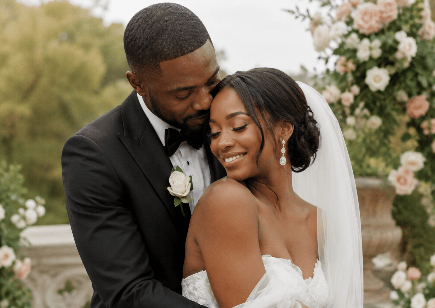 Pareja de novios afrodescendientes abrazados en una boda elegante, representando poemas de matrimonio sobre amor y unión
