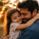 Papá abrazando con ternura a su hija al atardecer para celebrar su cumpleaños.