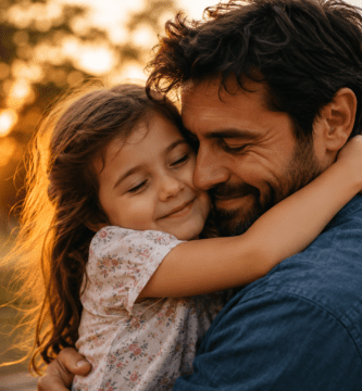 Papá abrazando con ternura a su hija al atardecer para celebrar su cumpleaños.