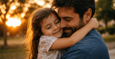 Papá abrazando con ternura a su hija al atardecer para celebrar su cumpleaños.