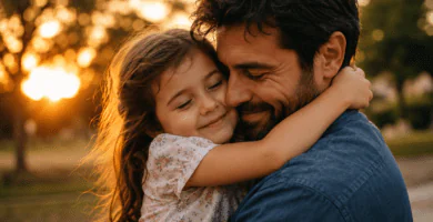 Papá abrazando con ternura a su hija al atardecer para celebrar su cumpleaños.